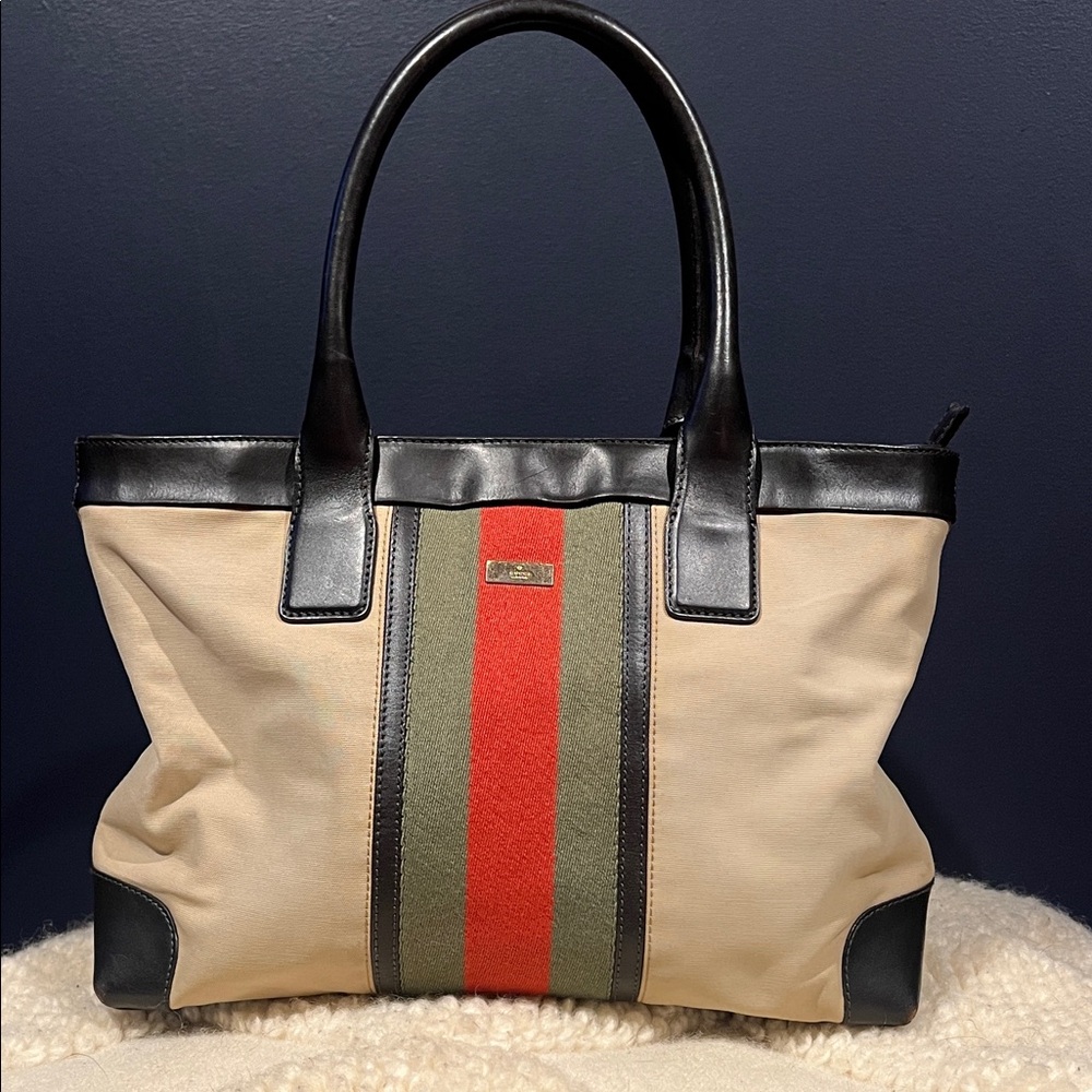 Authentic Vintage Gucci Sherry Line Canvas Tan Tote with Black leather Accents